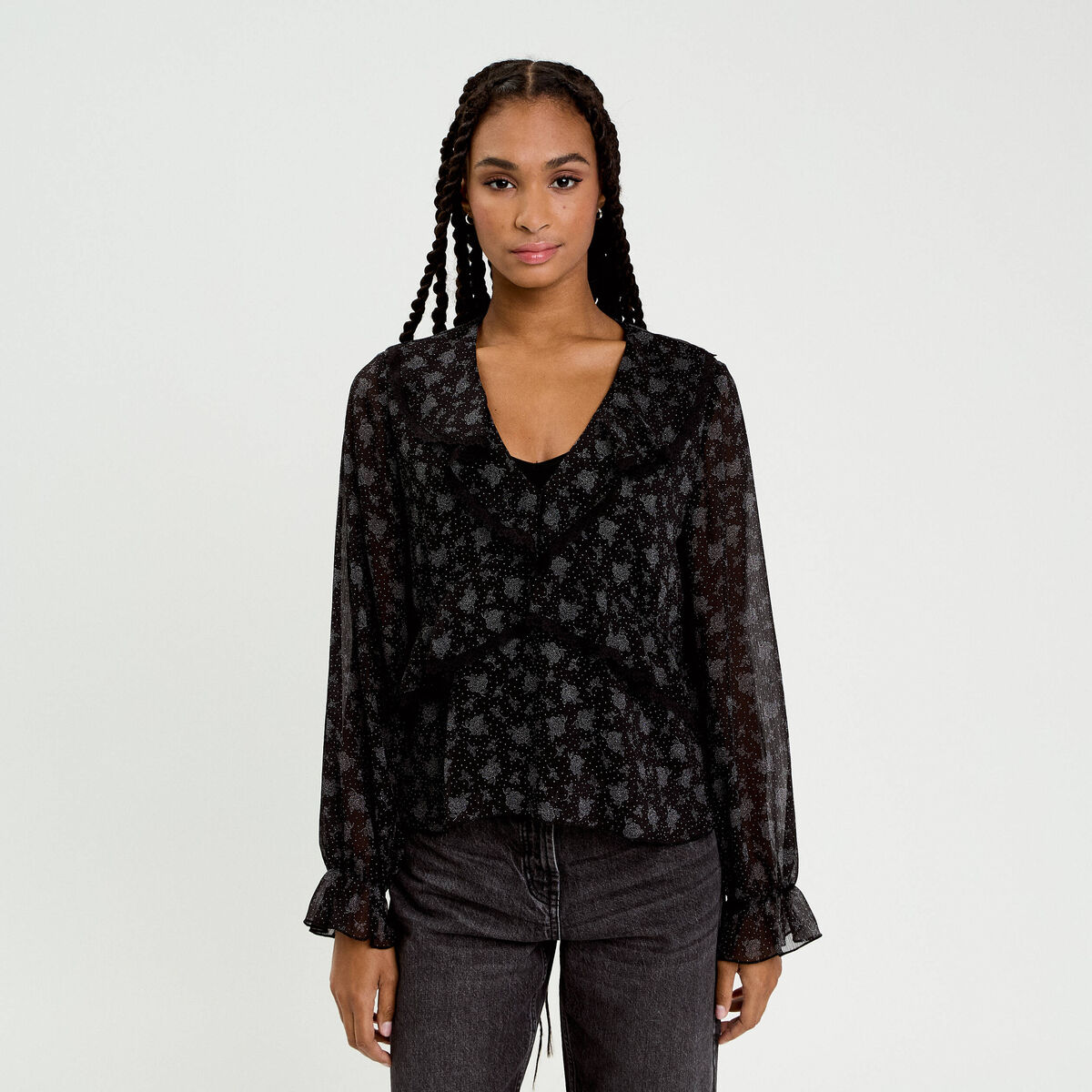 Blouse droite courte manches longues noir femme