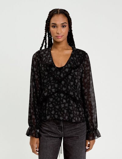 Blouse droite courte manches longues noir femme