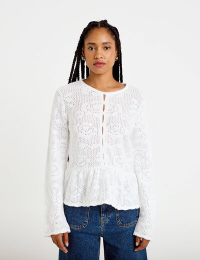 Pull ajour&eacute; p&eacute;plum manches longues ecru femme