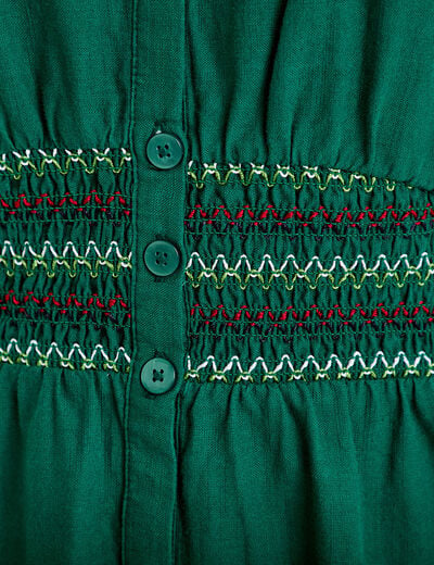 Robe &eacute;vas&eacute;e broderie col chemise vert fonc&eacute; femme