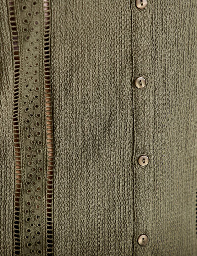 Blouse broderie col V manches longues vert kaki femme