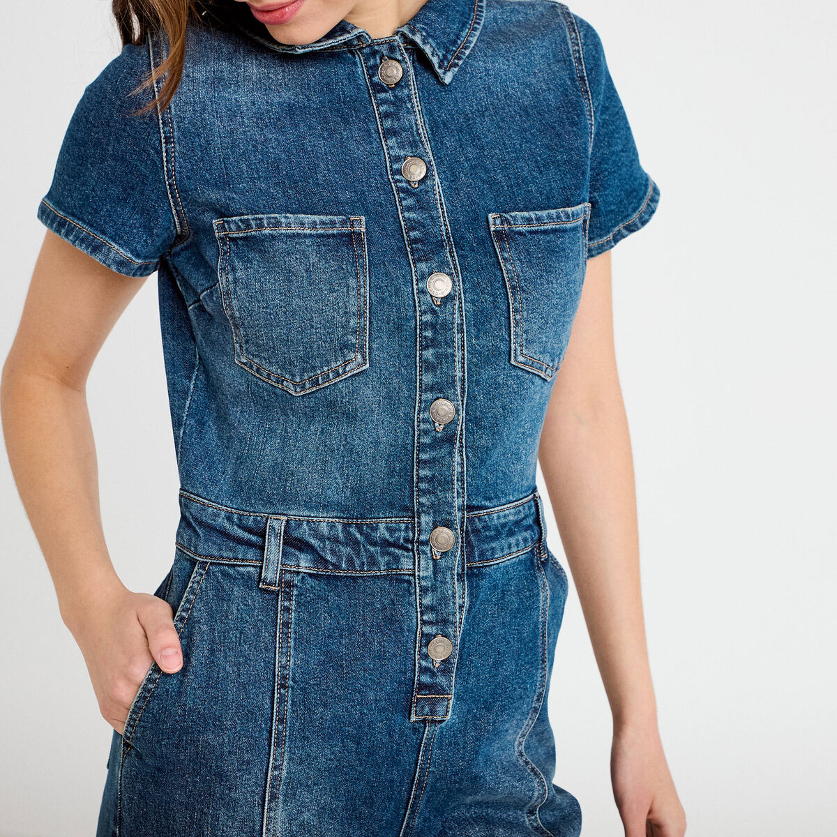 Combinaison manches courtes denim stone femme