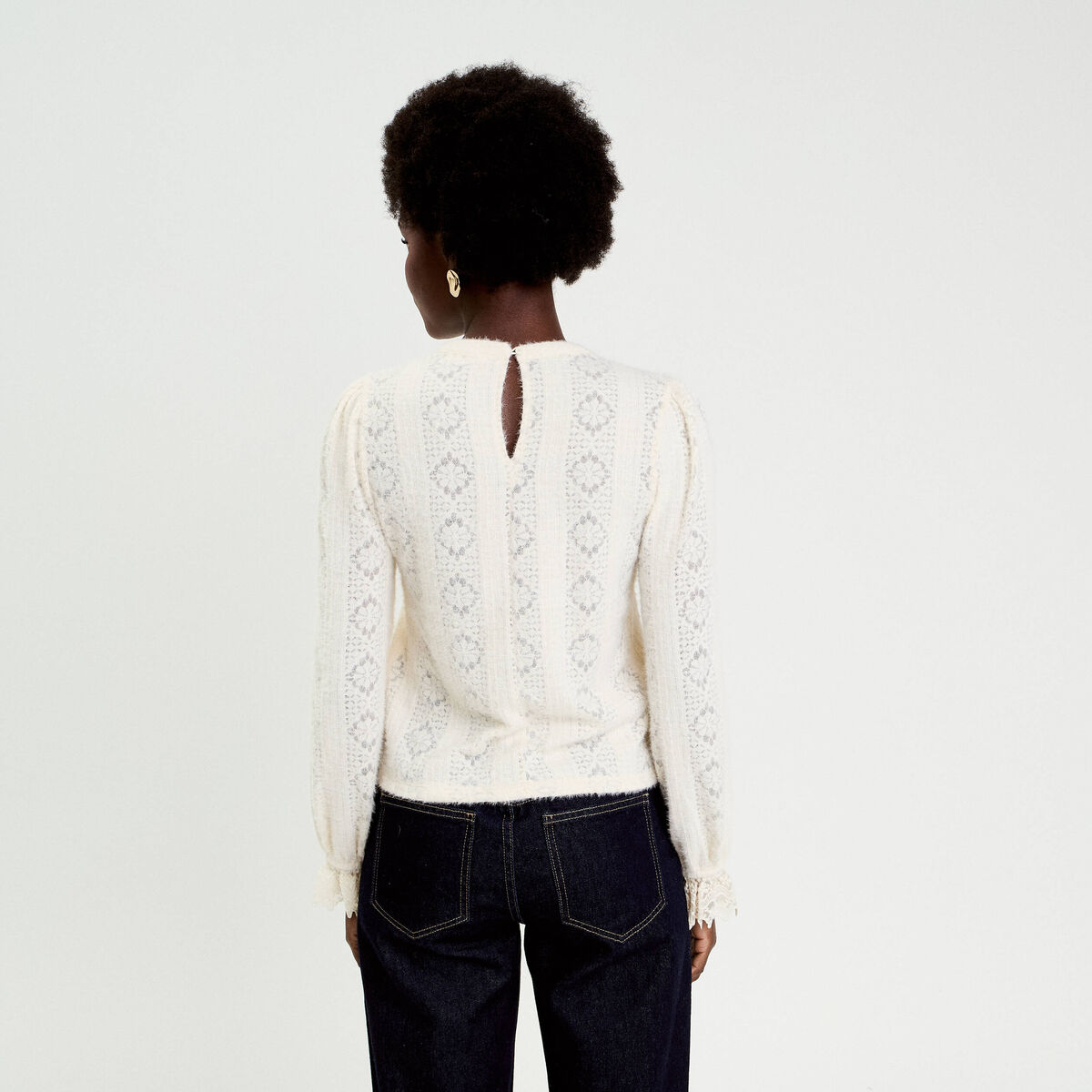 Top dentelle manches longues col rond ivoire femme