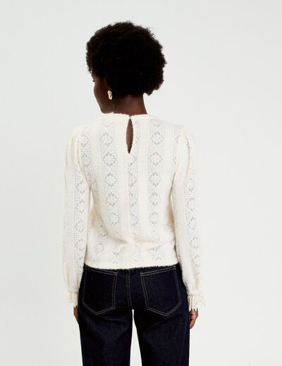 Top dentelle manches longues col rond ivoire femme