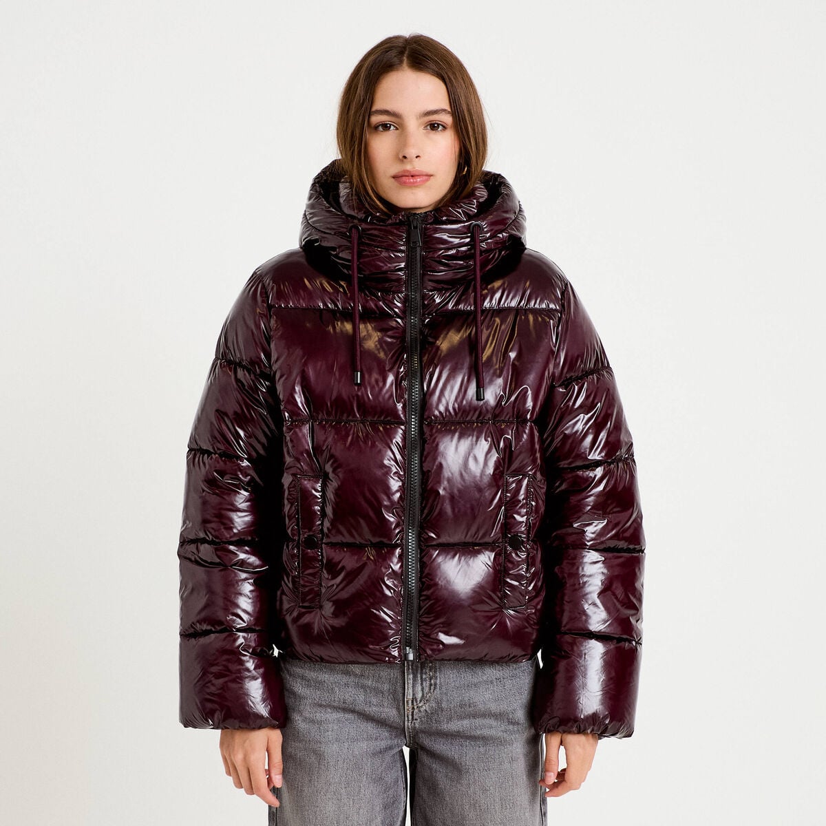 Doudoune bas resserr&eacute; manches longues violet fonc&eacute; femme