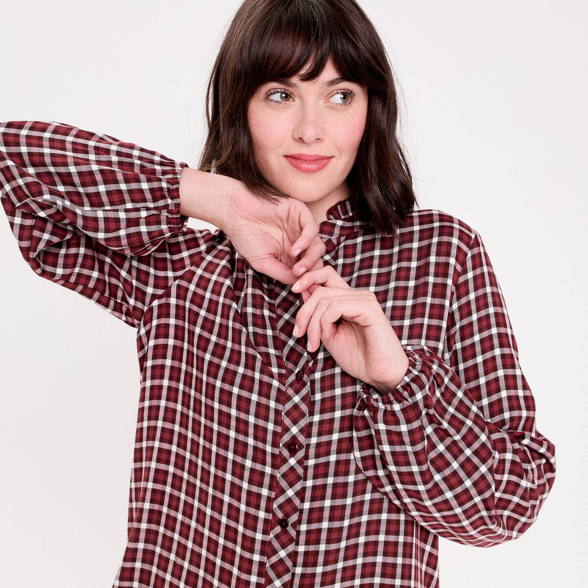 Blouse col montant manches longues bordeaux femme