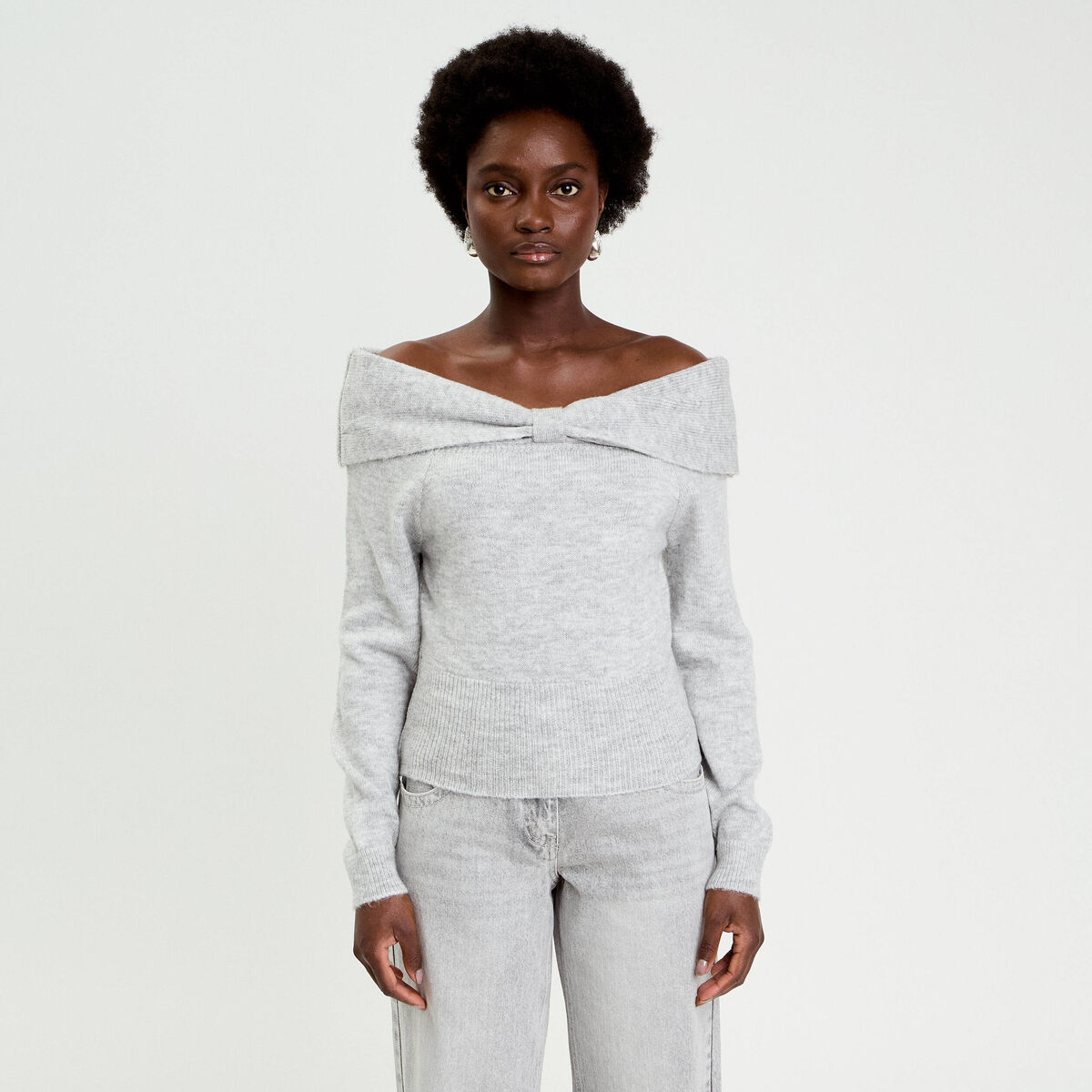 Pull col bardot manches longues gris clair femme