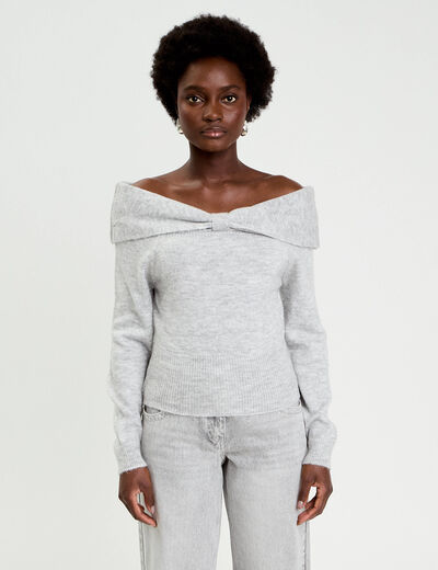 Pull col bardot manches longues gris clair femme