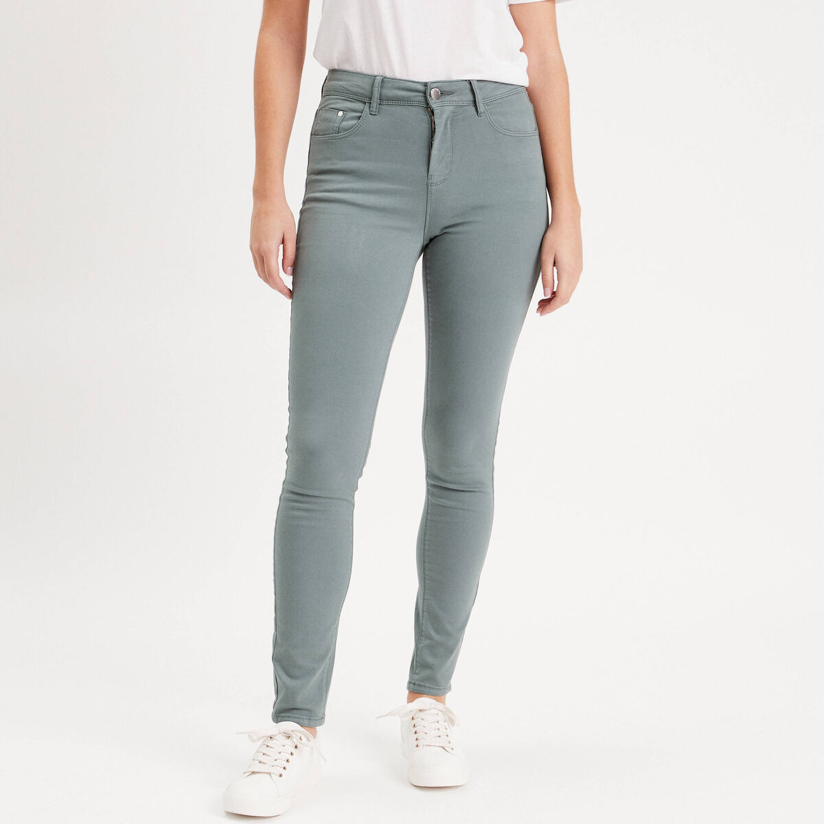 Jeans slim 5 poches vert fonc&eacute; femme