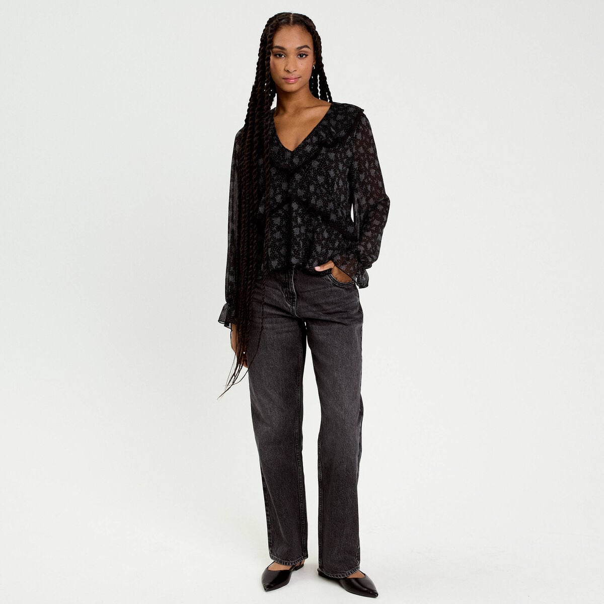 Blouse droite courte manches longues noir femme