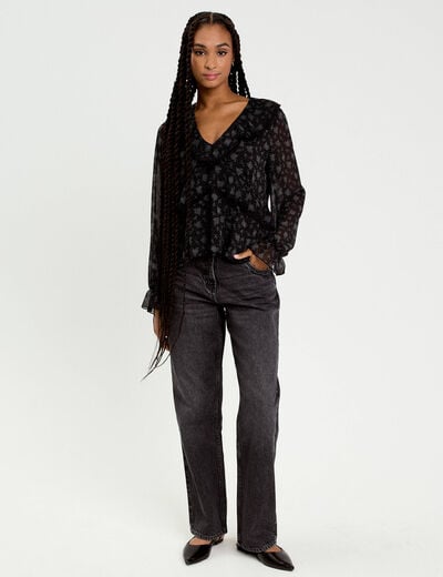 Blouse droite courte manches longues noir femme