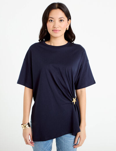 T-shirt &agrave; fronces avec bijou bleu marine femme