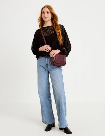Blouse dentelle col rond manches longues noir femme