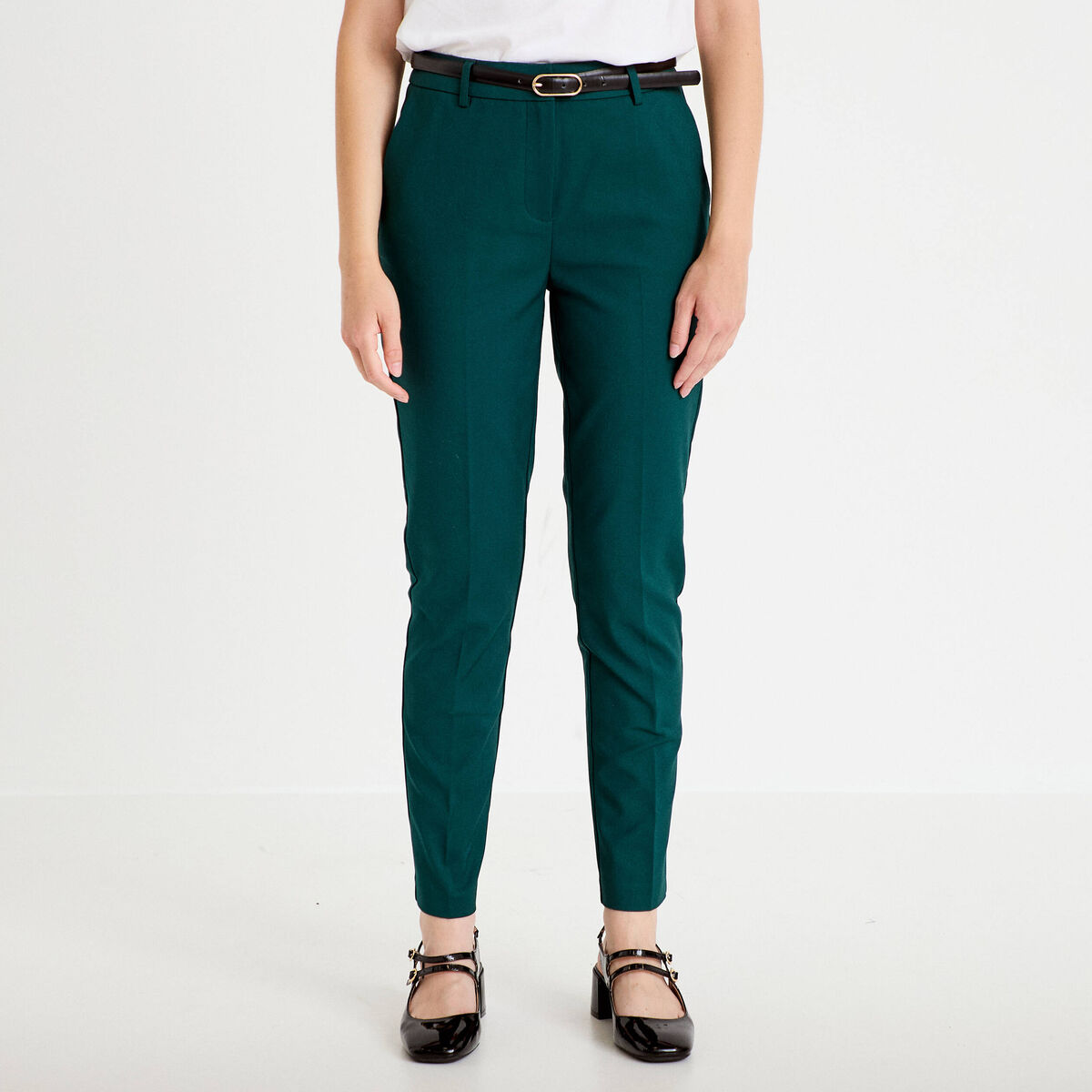 Pantalon cigarette ceintur&eacute; vert fonc&eacute; femme