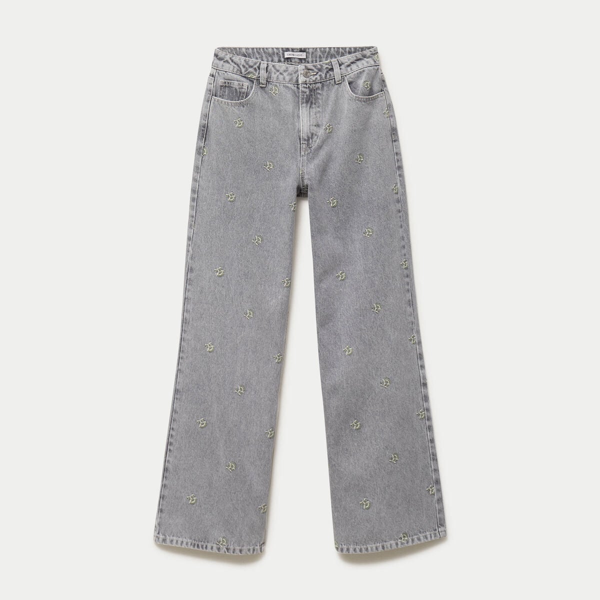 Jean wide leg taille haute brod&eacute; denim gris femme