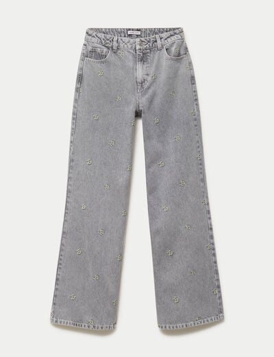 Jean wide leg taille haute brod&eacute; denim gris femme