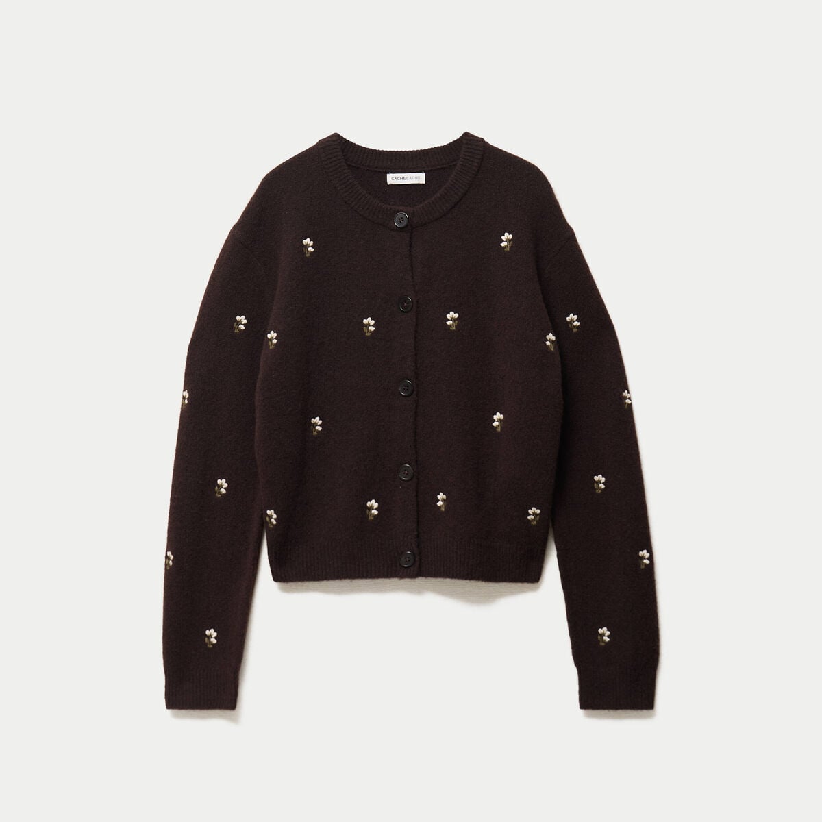 Gilet manches longues broderies col rond marron fonc&eacute; femme