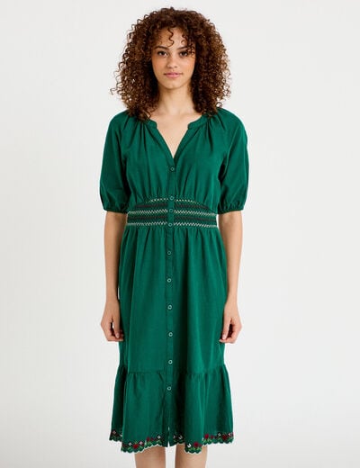 Robe &eacute;vas&eacute;e broderie col chemise vert fonc&eacute; femme