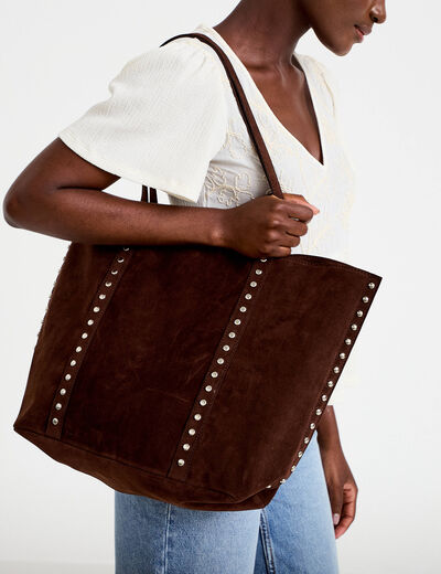 Sac aspect daim d&eacute;tails clout&eacute;s marron femme