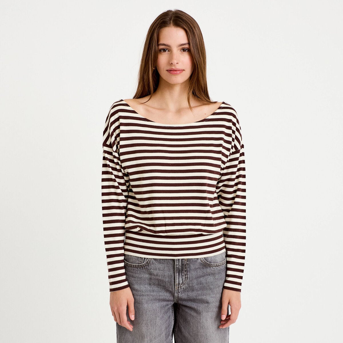 T-shirt col bateau manches longues blanc femme
