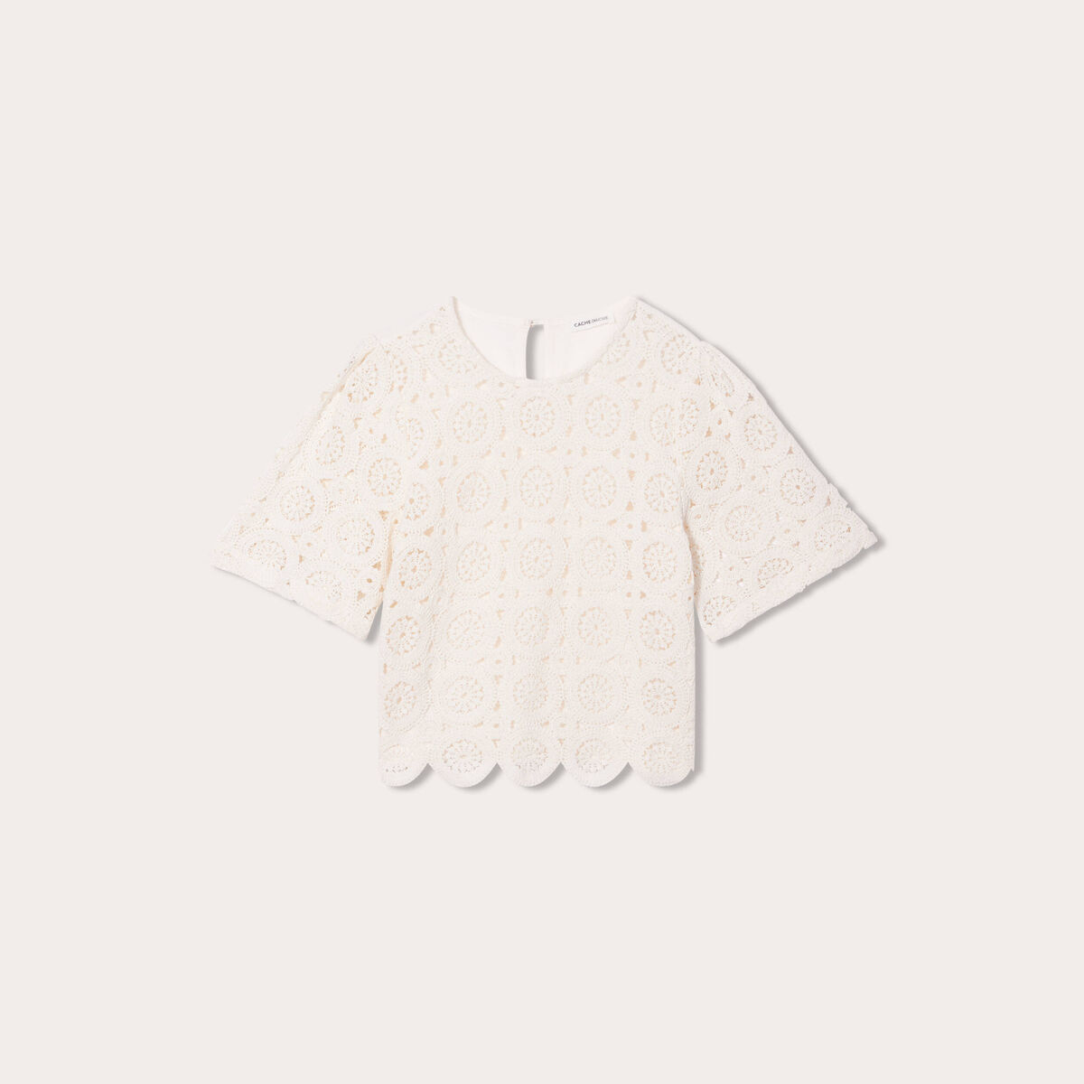 T-shirt macram&eacute; col rond ecru femme