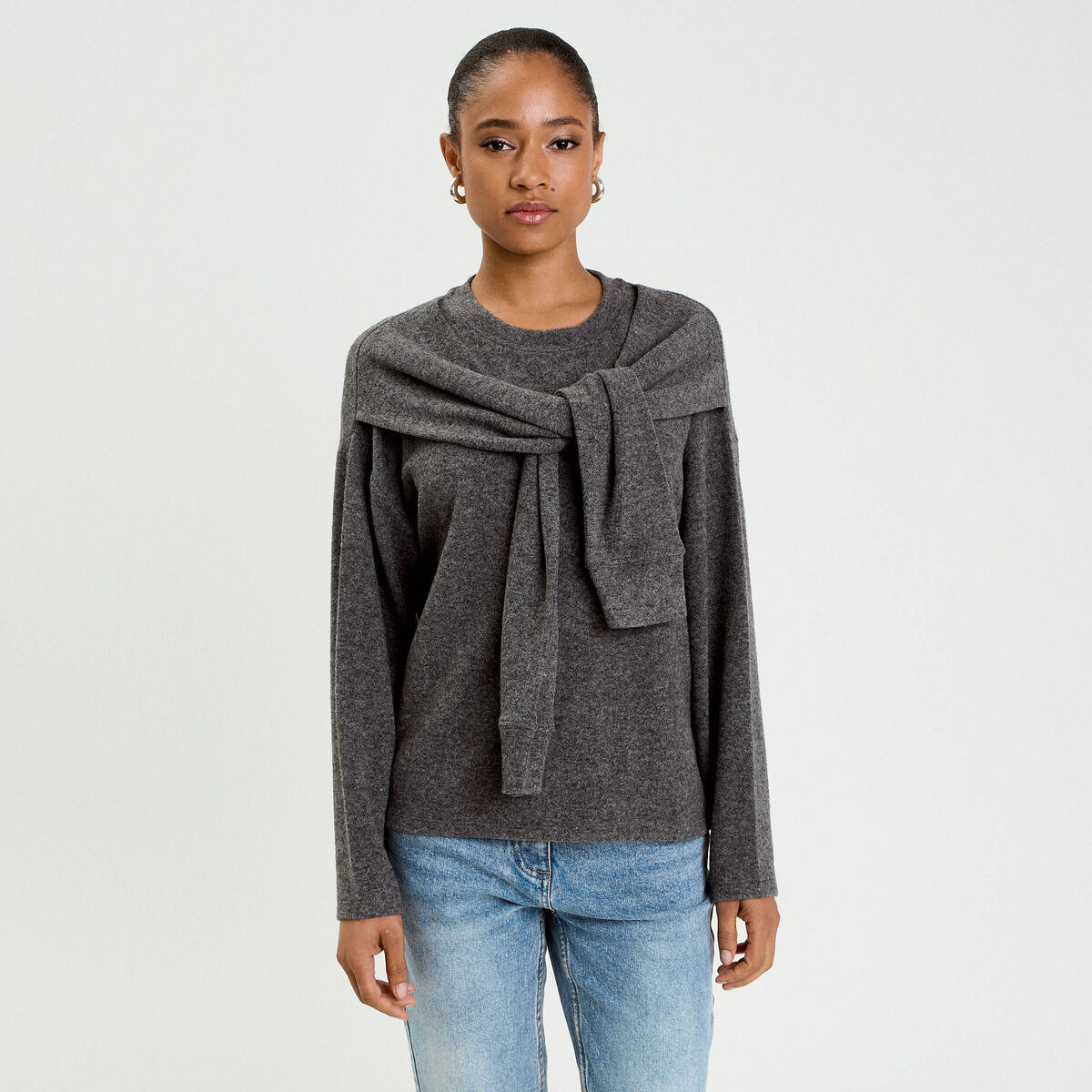 Pull effet 2-en-1 gris fonc&eacute; femme