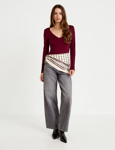 T-shirt thermique col en V plumetis bordeaux femme