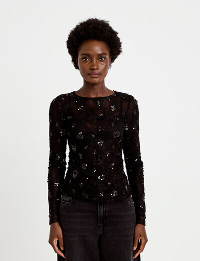 T-shirt ajust&eacute; col rond brod&eacute; perles noir femme