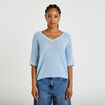 Pull ajour&eacute; col v manches courtes bleu ciel femme