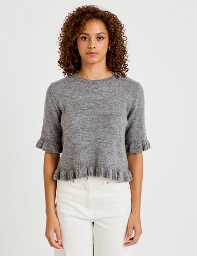 Pull col rond manches courtes gris clair femme