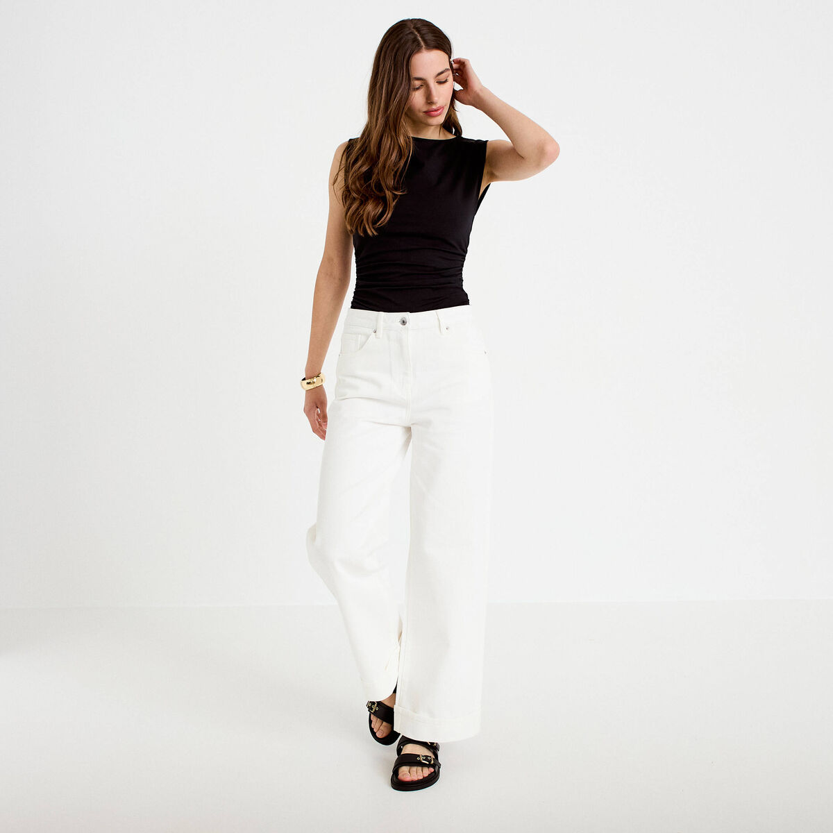 Jean wide leg taille haute ecru femme