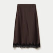 Jupe droite 3/4 d&eacute;tail dentelle marron fonc&eacute; femme