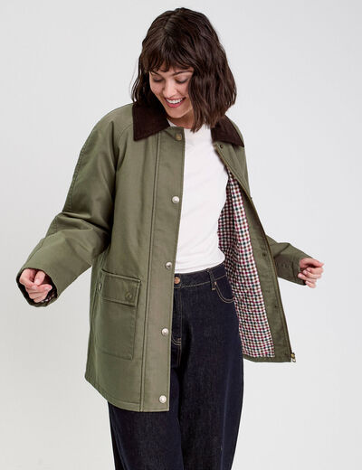 Veste droite mi-longue en coton vert kaki femme