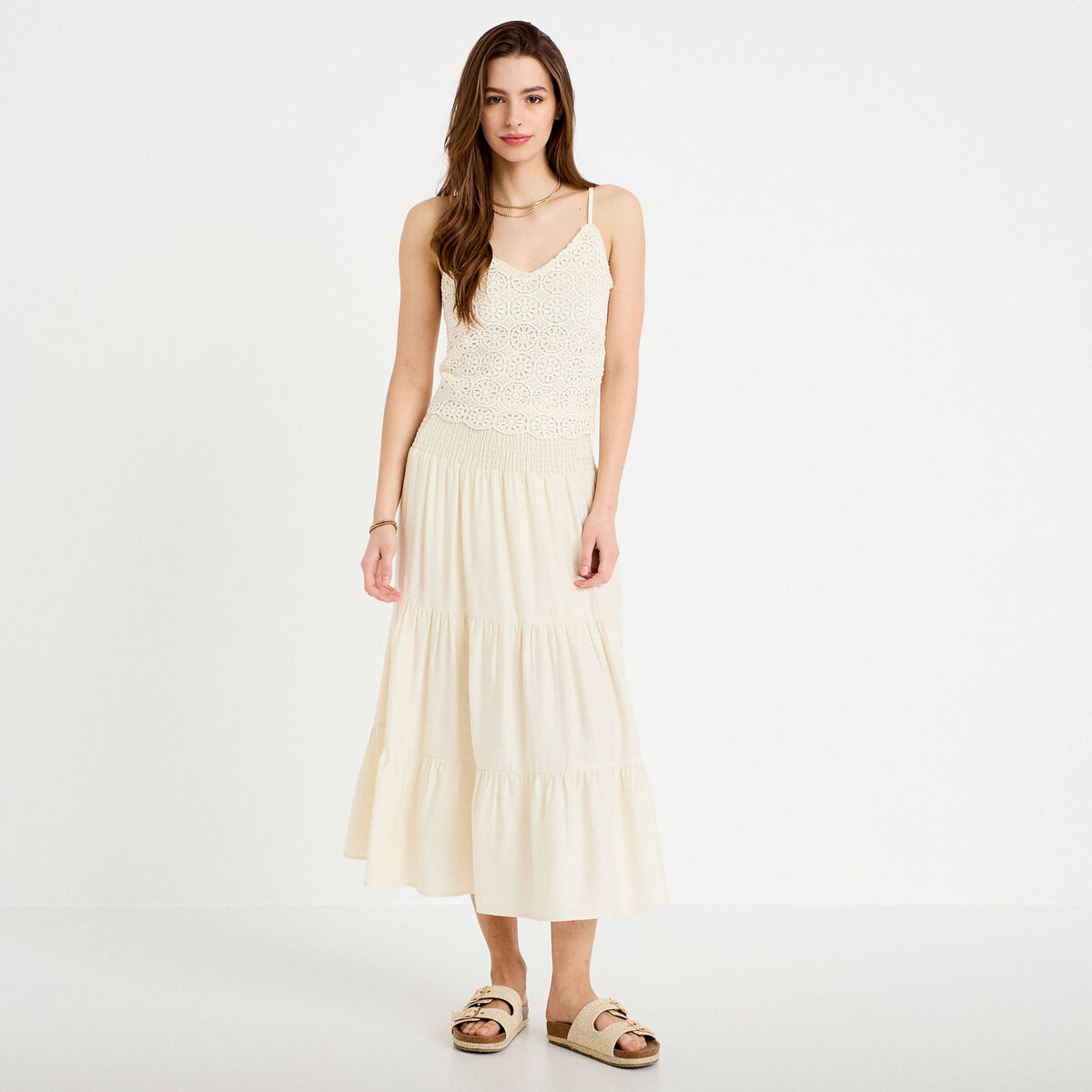 Jupon &eacute;vas&eacute; taille haute ecru femme