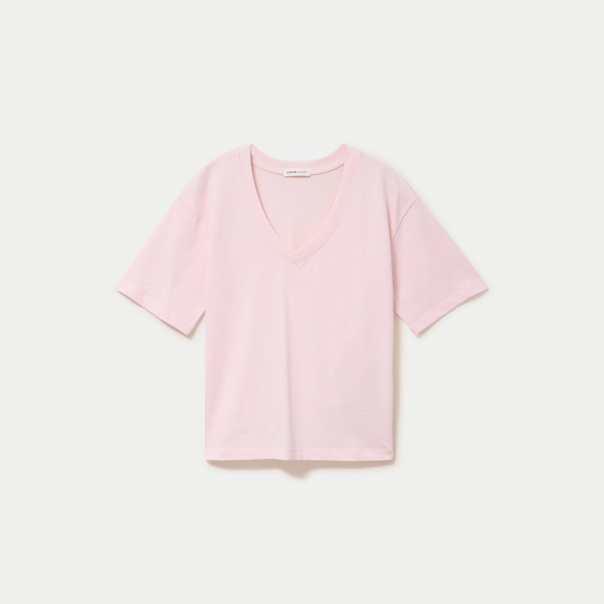 T-shirt col v manches courtes rose clair femme