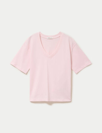 T-shirt col v manches courtes rose clair femme
