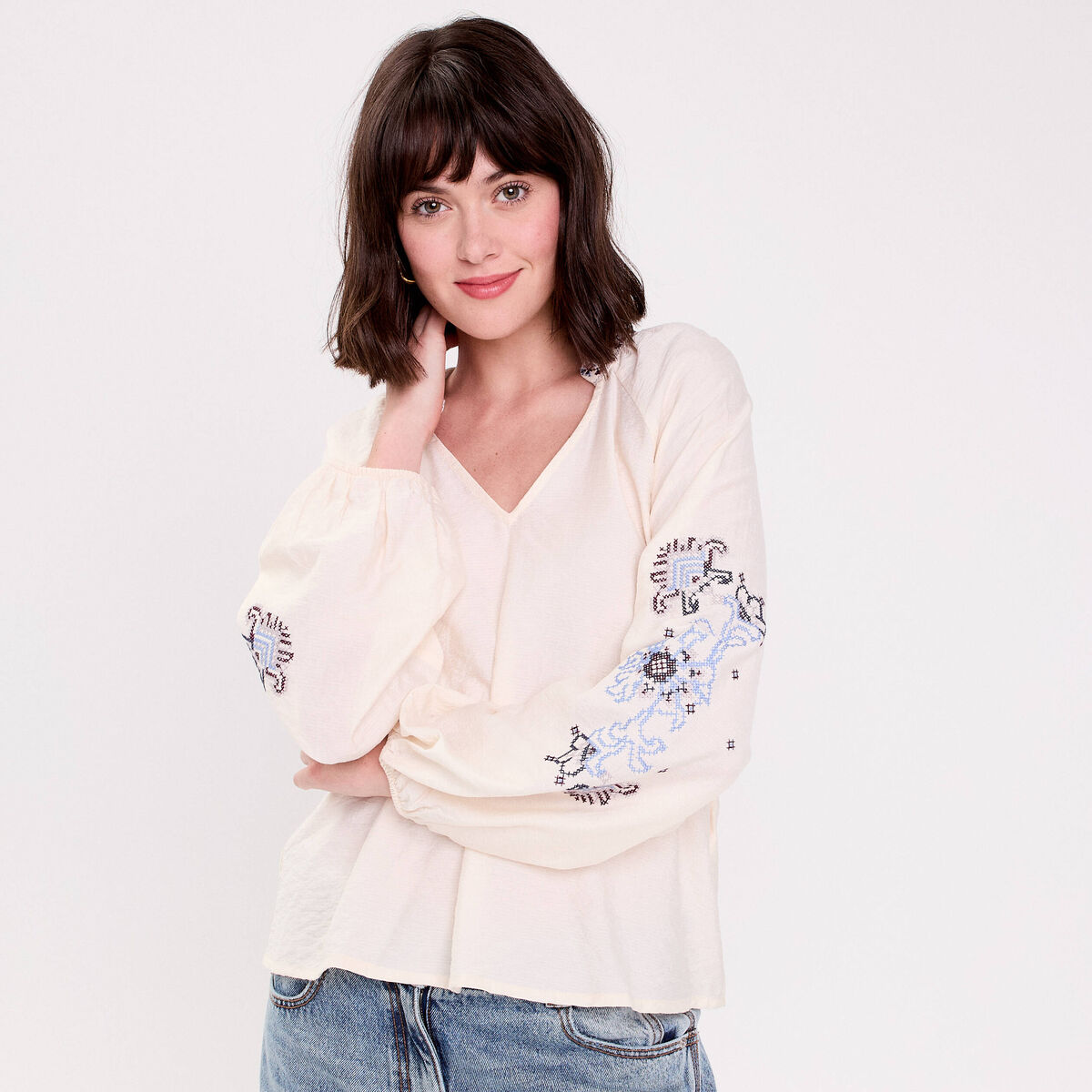 Blouse oversize col v manches longues ecru femme