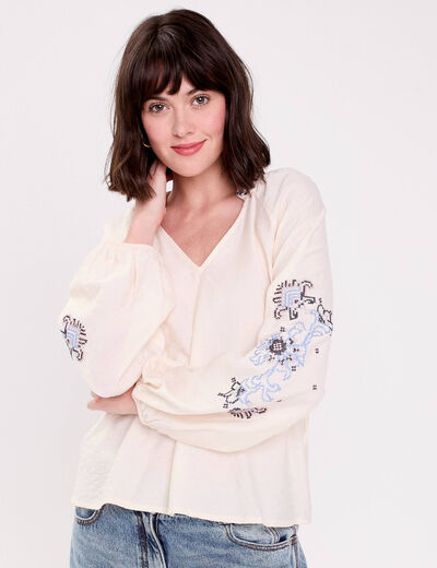 Blouse oversize col v manches longues ecru femme
