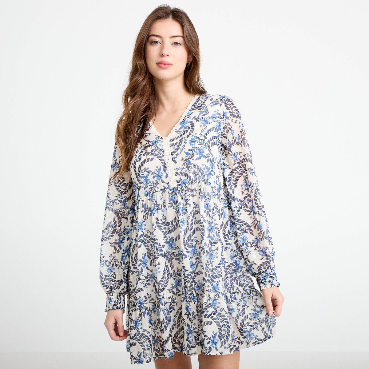 Robe droite col v manches longues blanc femme