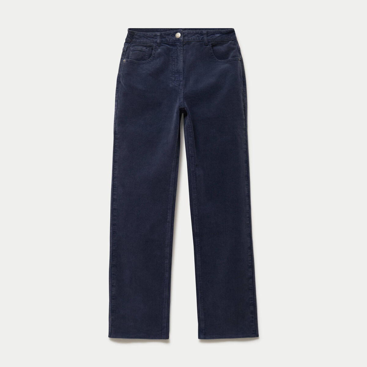 Pantalon droit en velours bleu marine femme