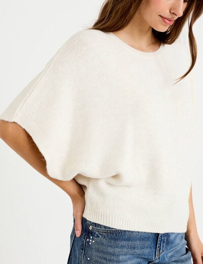 Pull oversize col rond manches courtes ecru femme