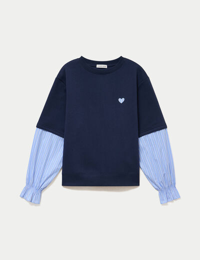 Sweat bi-mati&egrave;re manches longues bleu marine femme