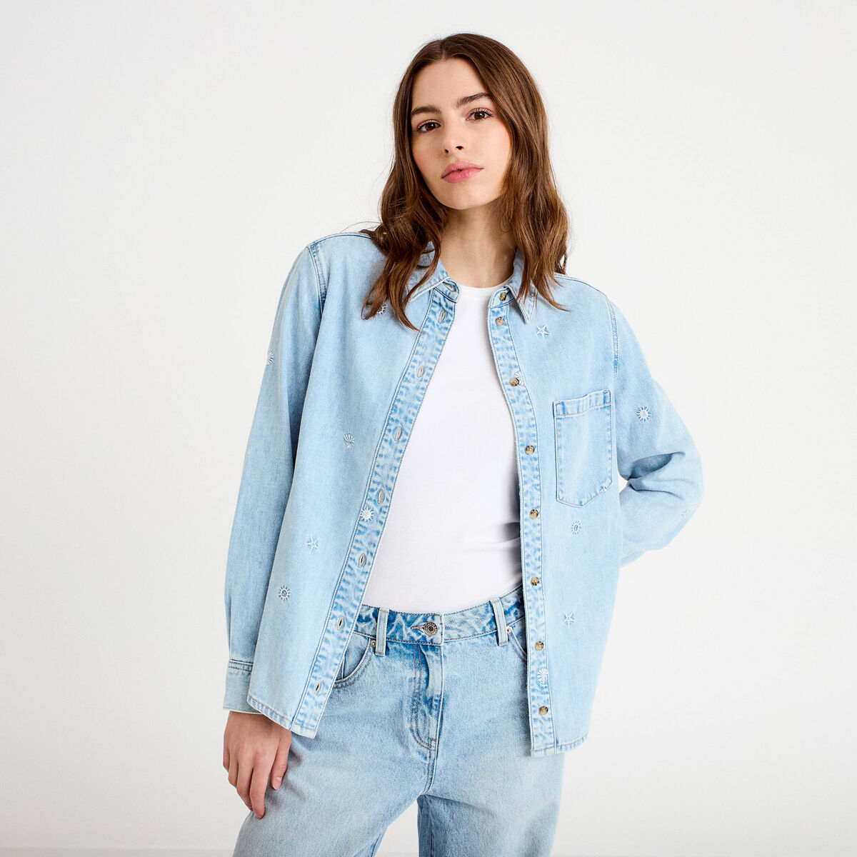 Chemise droite courte manches longues bleu femme