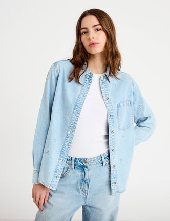 Chemise droite courte manches longues bleu femme