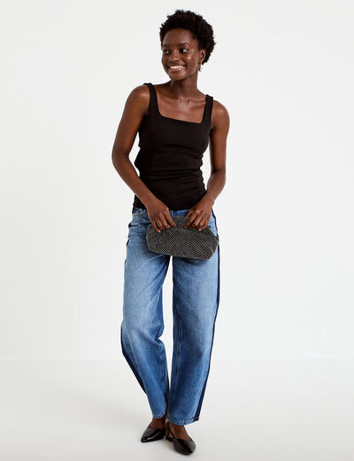 Top cintr&eacute; sans manches col carr&eacute; noir femme