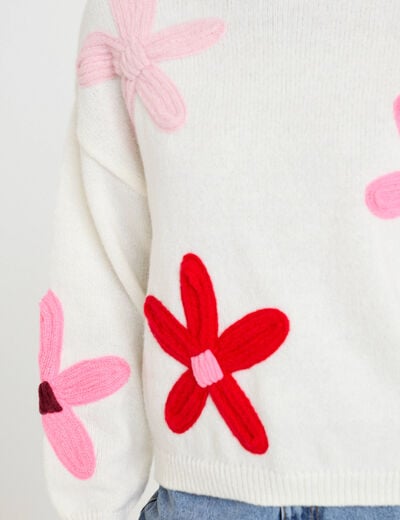 Pull oversize col rond manches longues ecru femme
