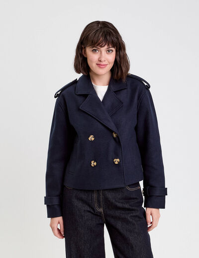 Trench droit court col tailleur bleu marine femme