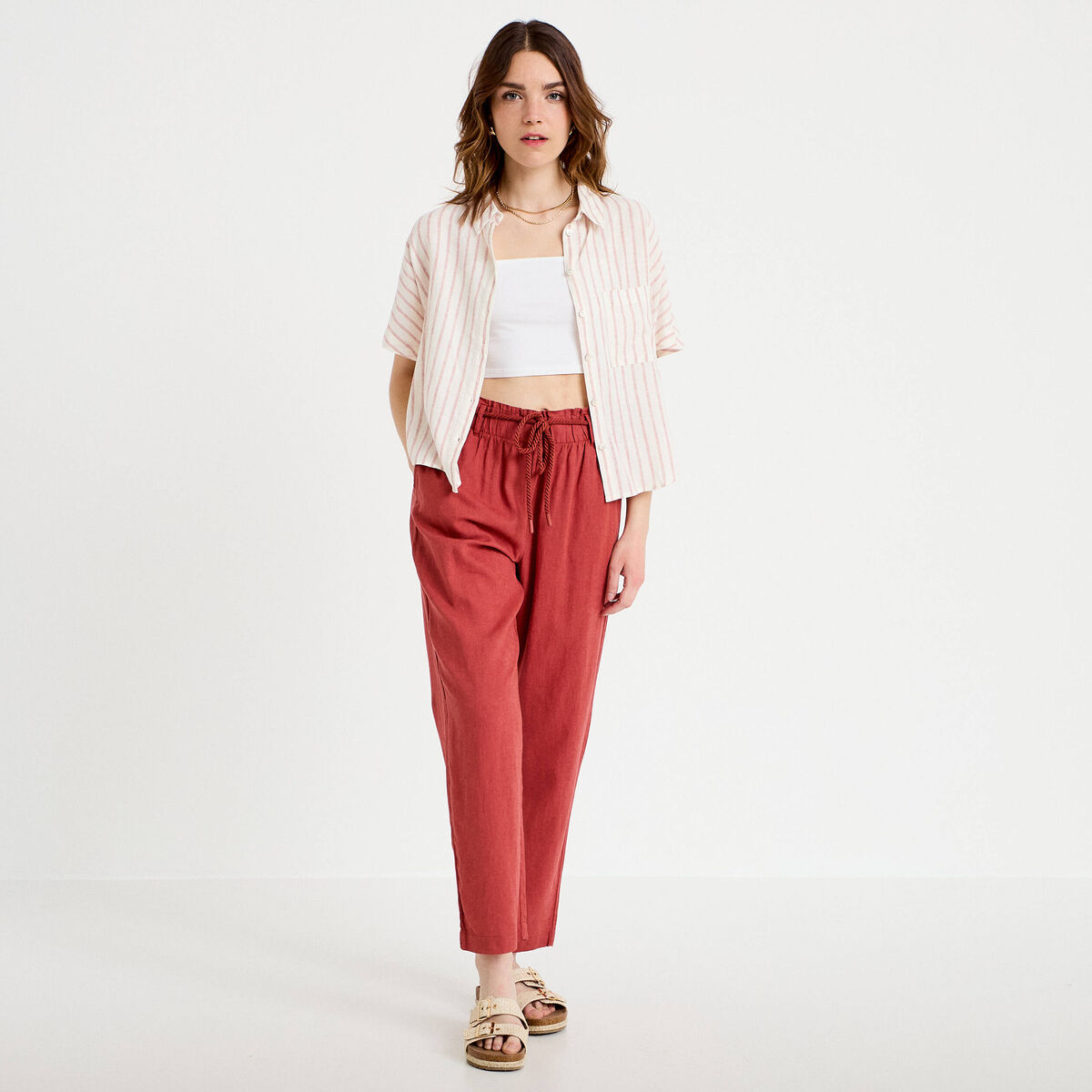 Pantalon large 7/8&egrave;me taille haute vieux rose femme
