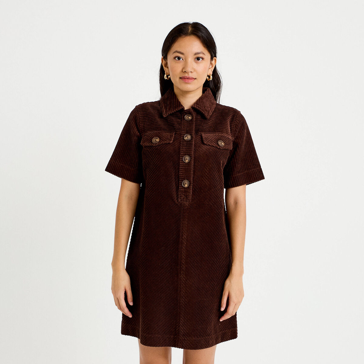 Robe courte droite en velours coton marron fonc&eacute; femme