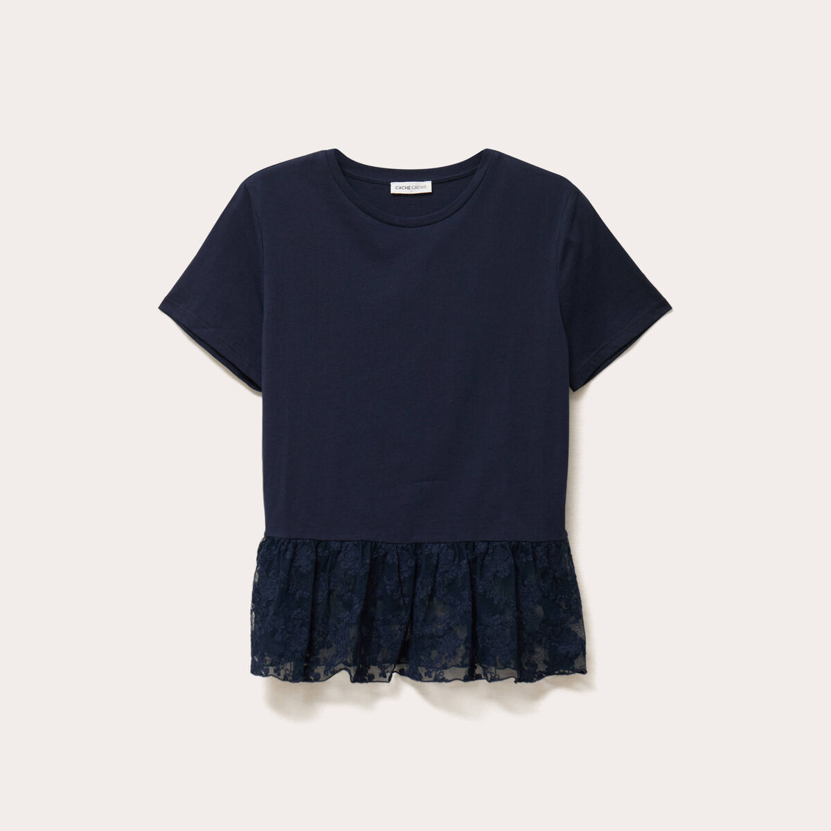 T-shirt manches courtes en dentelle bleu marine femme